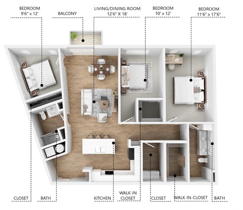 Floor plan for 3 beds, 2 baths, 1375 sqft